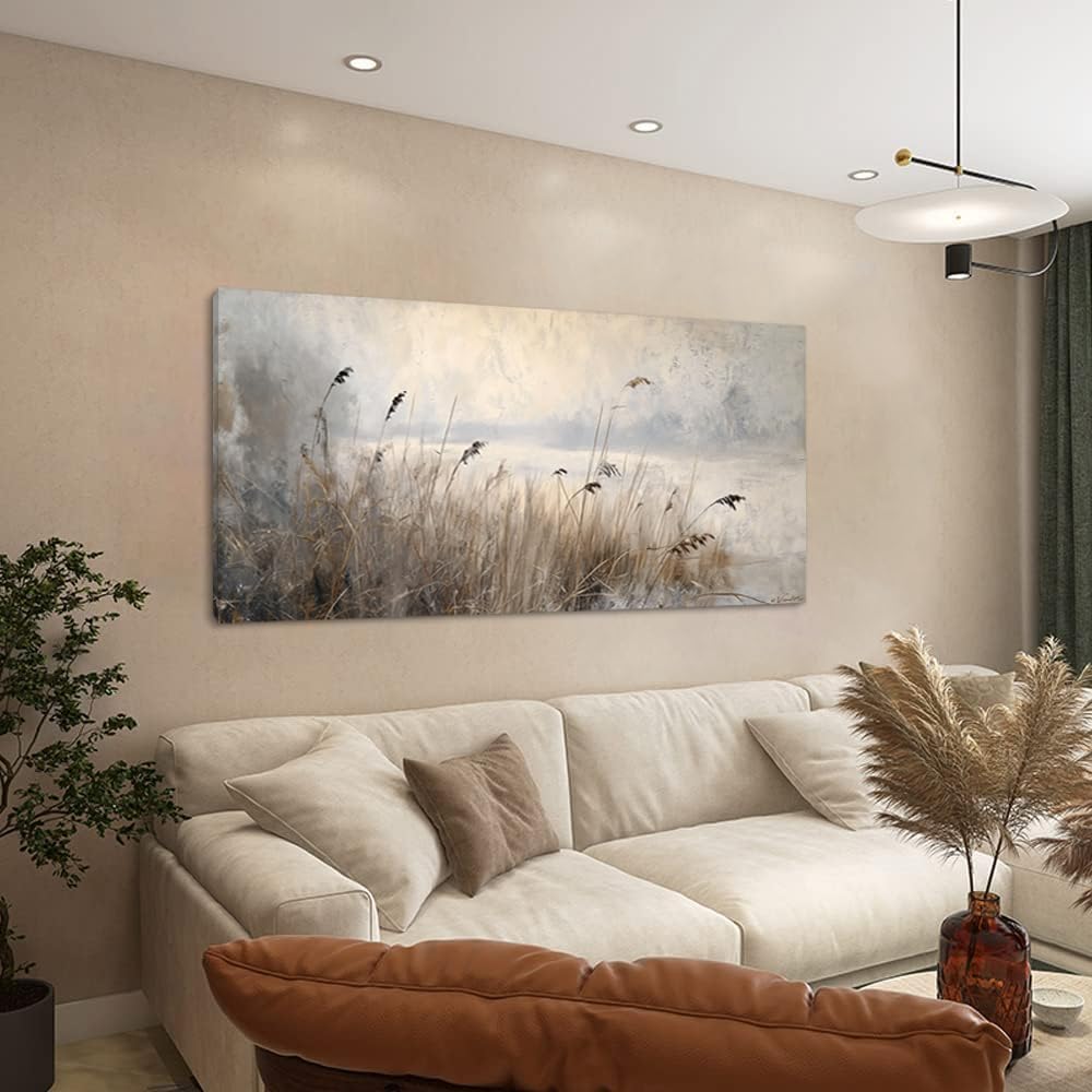 LASMOND Vintage Meadow Wall Art for Living Room Reed Grass Canvas Painting Prints Large Retro
