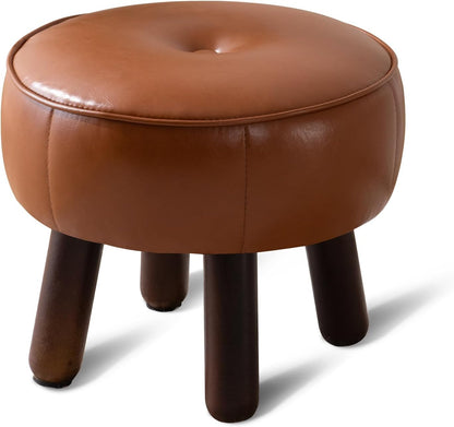 Small Foot Stool, Round Faux Leather Pouf Ottoman Foot Rest, Footstool Ottomans with Rubber Legs