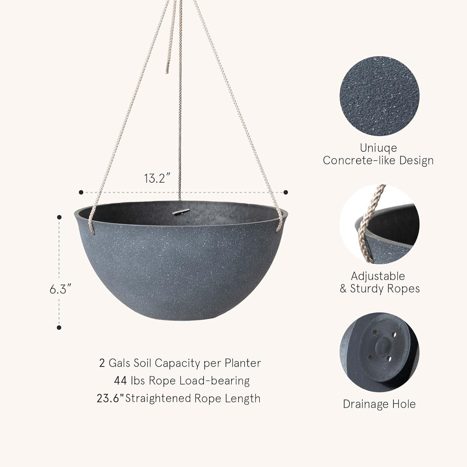 LA JOLIE MUSE Large Hanging Planters for Outdoor Plants - Hanging Flower Pots Weathered Gray (13.2