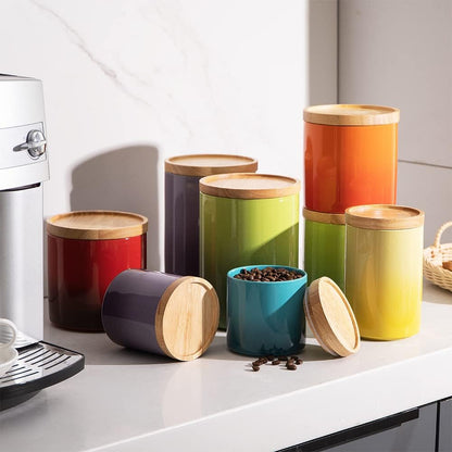 Sweejar Ceramic Food Storage Jar, Stackable Kitchen Canisters, Containers with Airtight Seal Wooden