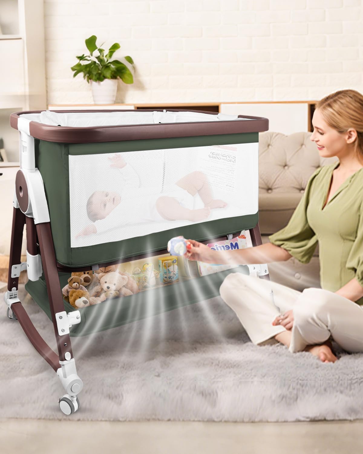 4 in 1 Baby Bassinet, Bassinets Bedside Sleeper with Wheels and Storage Basket, Adjustable 7