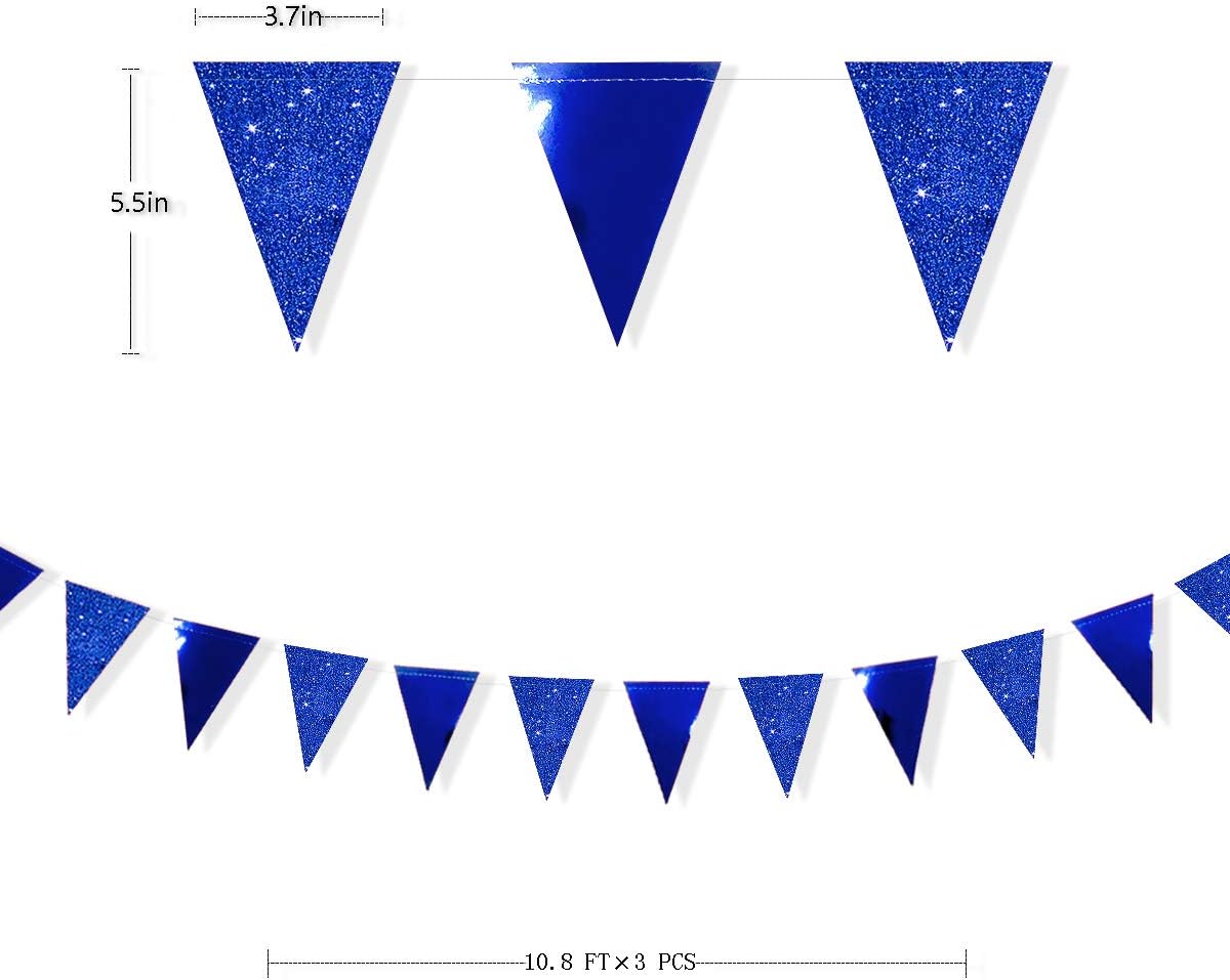 30 Ft Royal Blue Party Decorations Navy Blue Metallic Glitter Paper Triangle Banner Flag Garland