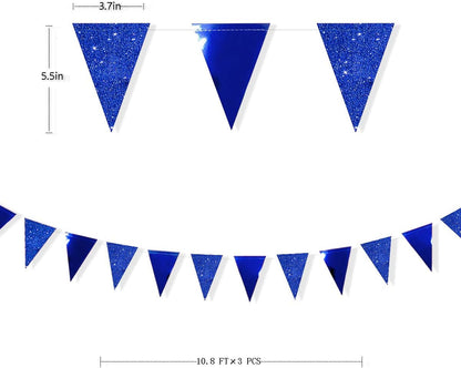 30 Ft Royal Blue Party Decorations Navy Blue Metallic Glitter Paper Triangle Banner Flag Garland