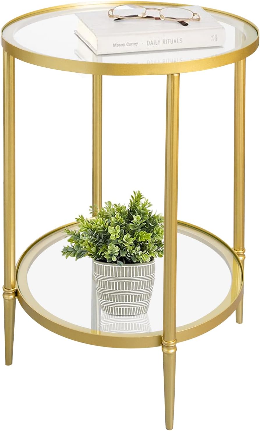 2 Tier Round Side Table, Gold End Table with Glass Top, Modern Metal Clear Coffee Tables, Small