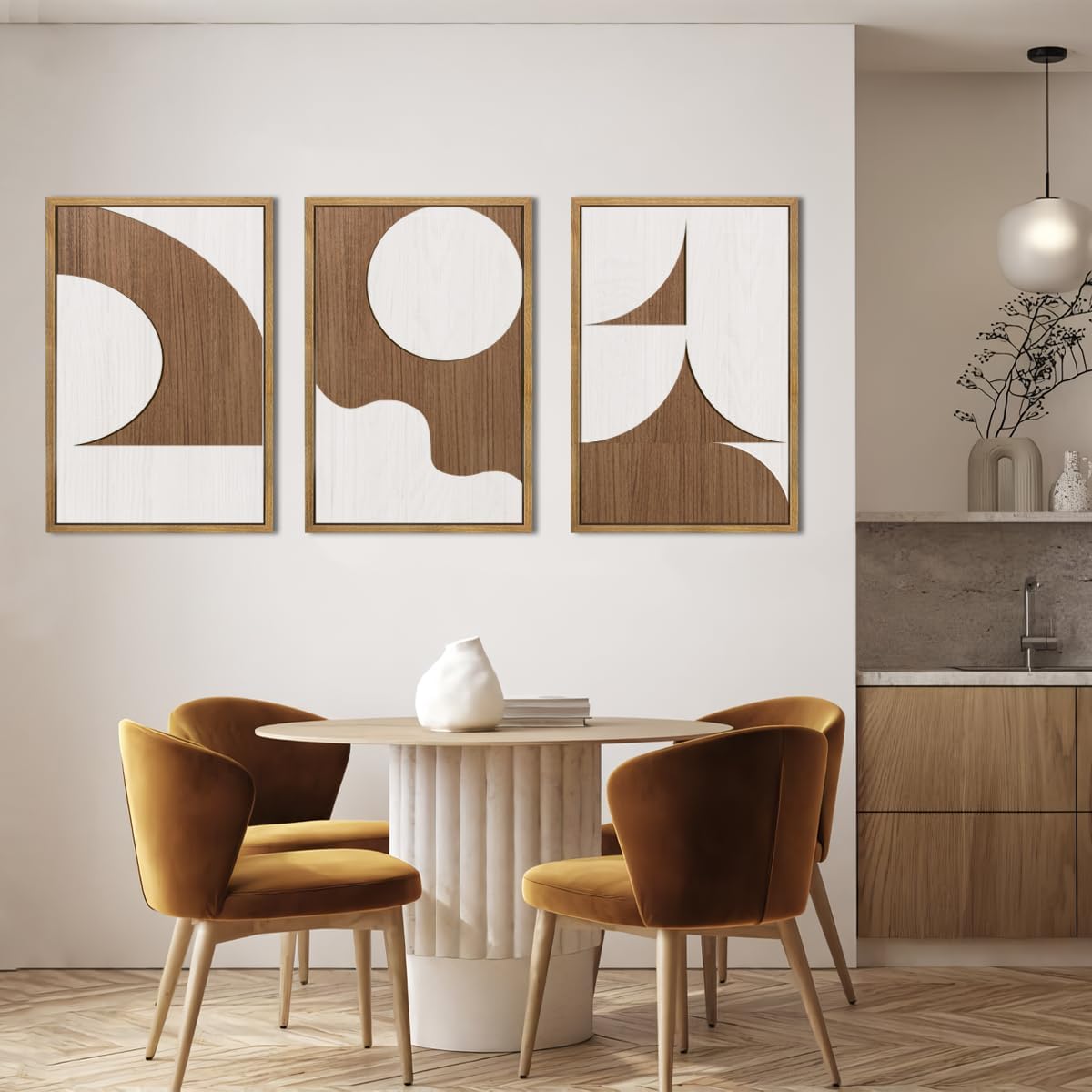 Large Abstract Brown and Beige Wall Art Set Modern Geometric Wood Grain Wall Decor Minimalist