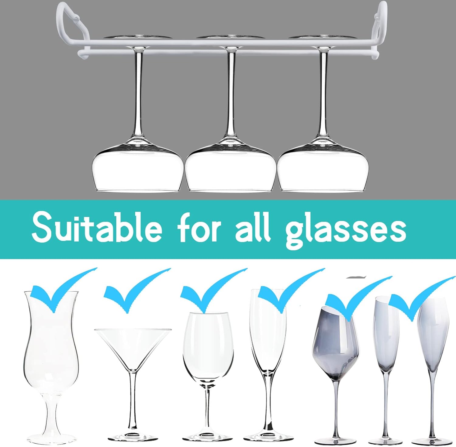 set 2 White Wine Glass Rack Under Cabinet Shelf 10 Inch Stemware Storage Hanging Hanger Organizer