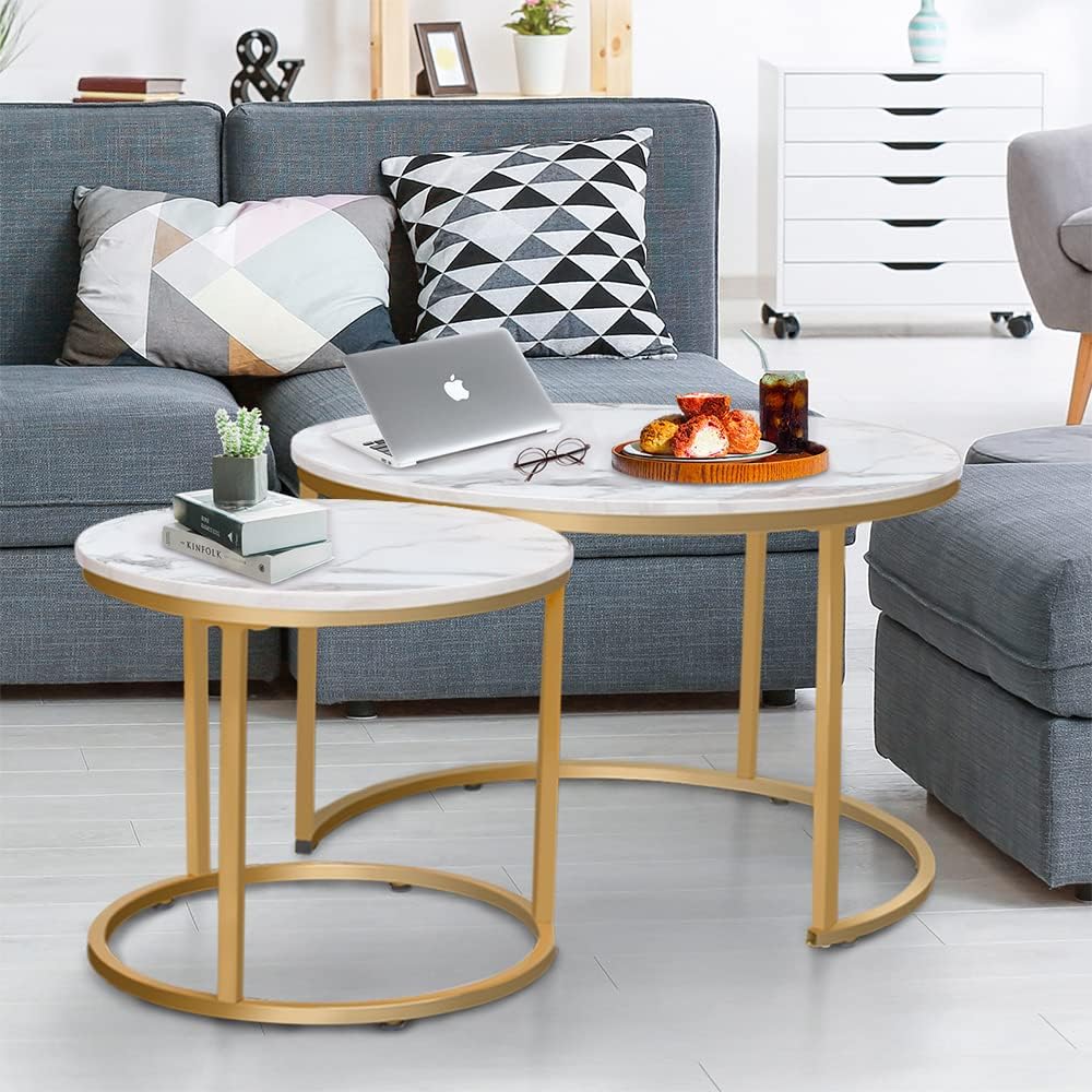aboxoo Coffee Table Nesting White Set of 2 Side Set Golden Frame Circular Round and Marble Pattern