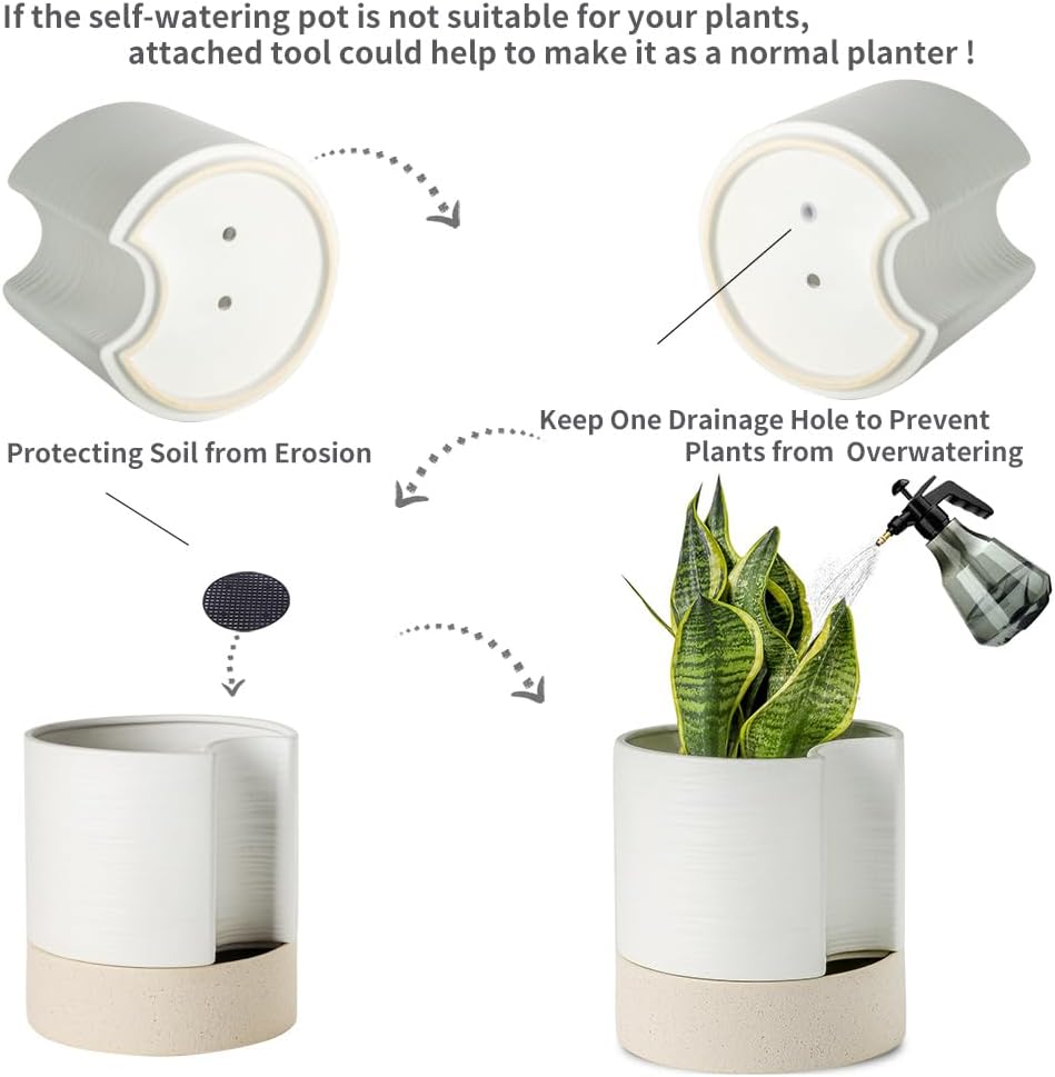 Nihow Self Watering Plant Pot: 8 Inch Ceramic Planter with Drainage Hole & Water Storage Plus for