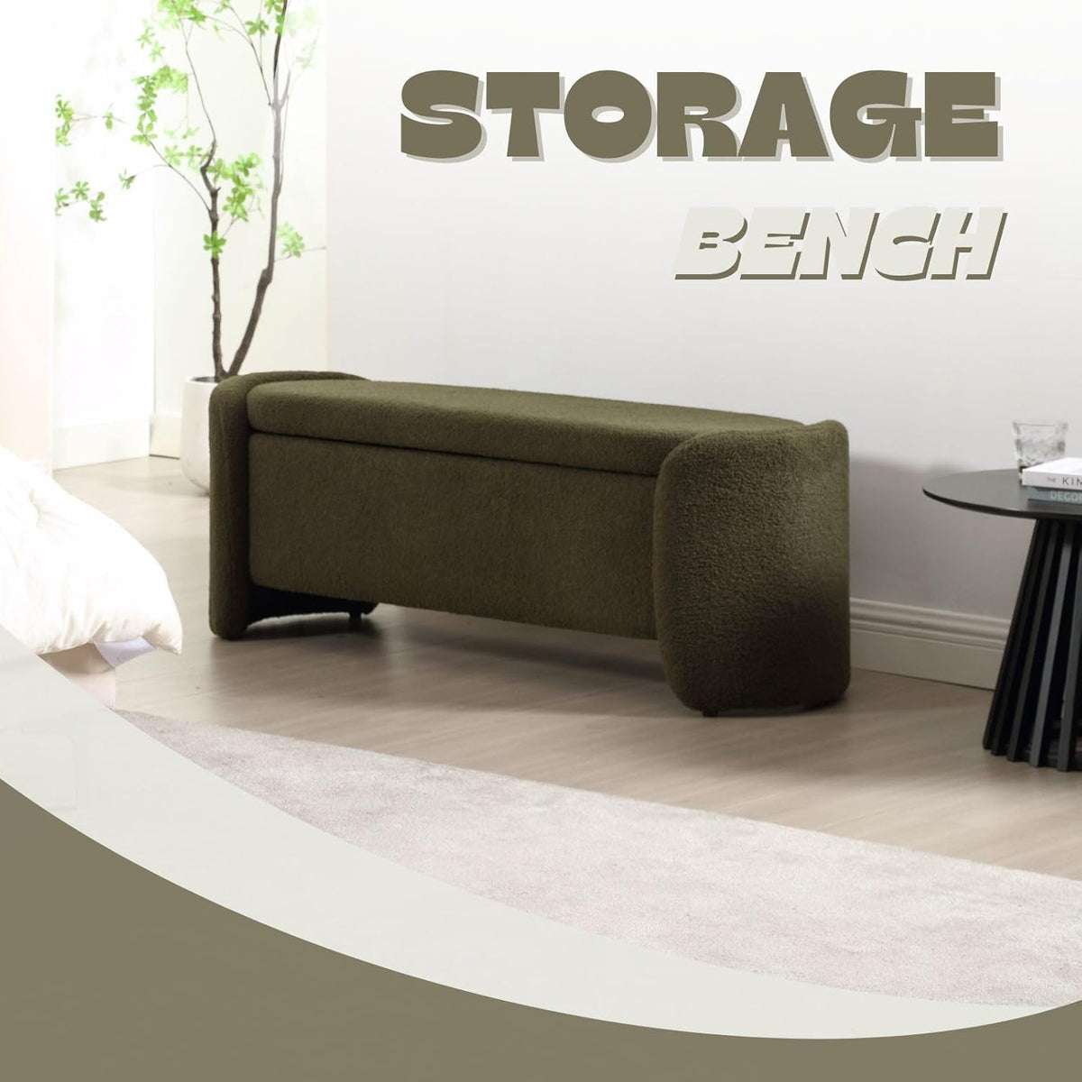 ROCTY Green Boucle Storage Bench - 50" Sherpa End of Bed Ottoman with Seating and Storage for
