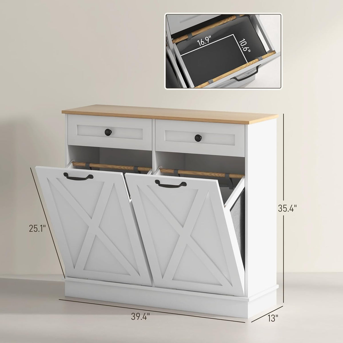 HOMCOM Tilt Out Laundry Hamper Cabinet with 2 Removable Baskets, Freestanding Bathroom Storage