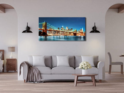 Pyradecor Large Modern New York Cityscape Canvas Wall Art Brooklyn Bridge Night View Canvas Prints