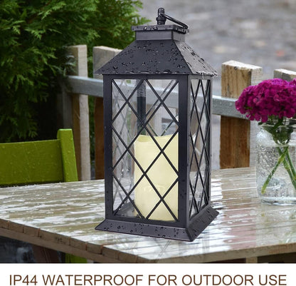 Bright Zeal 2-Pack 13.5" Vintage Candle Lantern with LED Pillar Candle (Black, 6hr Timer) - IP44