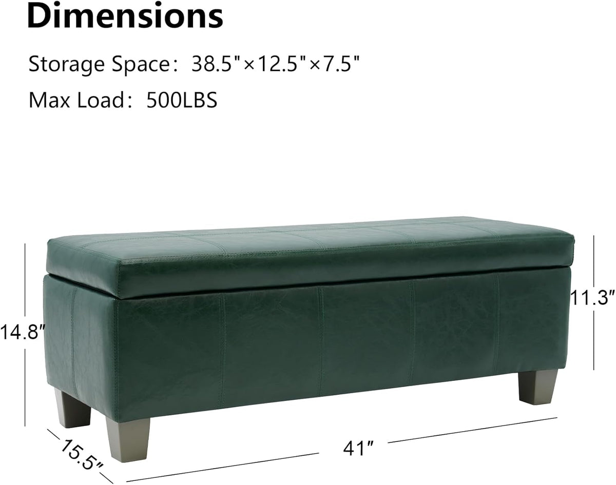 Green Faux Leather Ottoman with Storage, Rectangular Extra Long Storage Bench for Bedroom and