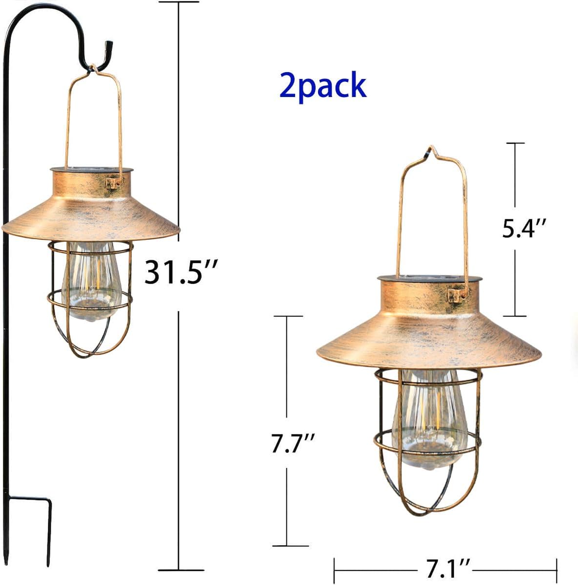 2 Pack Solar Lanterns, Outdoor Hanging Lights Metal with Shepherd Hook Warm White Edison Bulb