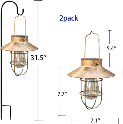 2 Pack Solar Lanterns, Outdoor Hanging Lights Metal with Shepherd Hook Warm White Edison Bulb
