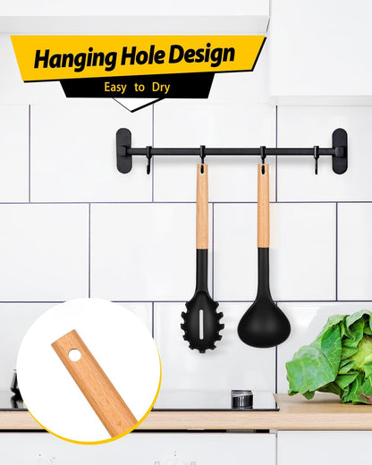 Silicone Pasta Fork and Ladle Spoon Set with Wooden Handle, Heat Resistant Non Stick Kitchen