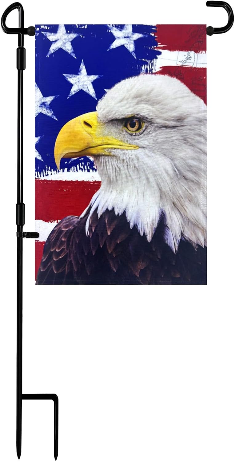 TOPFLAGS Garden Flag Stand with American Garden Flags Patriotic Stars and Eagle Yard Flag 12x18