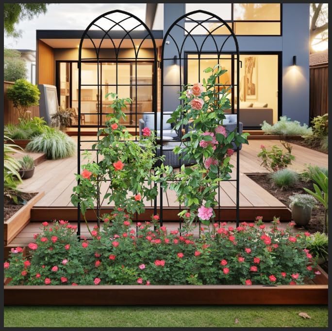 LZRS 4 Pack 71x20in Rustic Iron Arch Decoration Garden Trellis with Black Metal Coating – Perfect