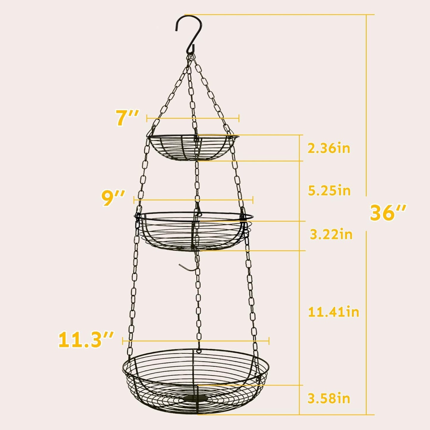 HULISEN 3 Tier Hanging Fruit Basket with Banana Hook, Heavy Duty Wire Hanging Baskets for Kitchen