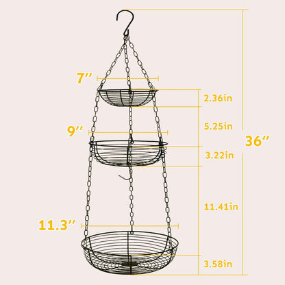 HULISEN 3 Tier Hanging Fruit Basket with Banana Hook, Heavy Duty Wire Hanging Baskets for Kitchen