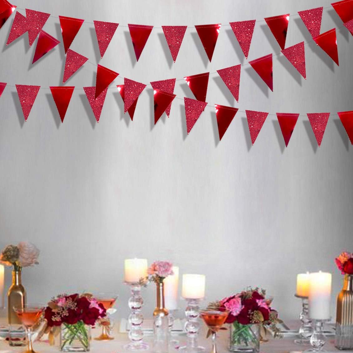 30Ft Red Party Decorations Glitter Metallic Paper Triangle Banner Flag Pennant Bunting for