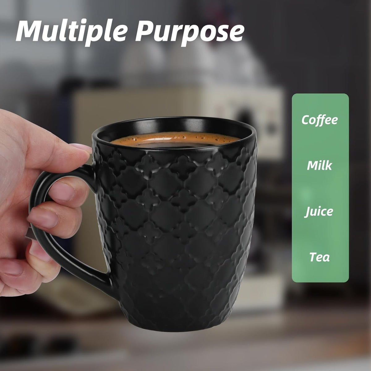 16 OZ Bone Coffee Mugs Set of 6 Matte Black, Large Ceramic Coffee Mugs Set with Different Texture