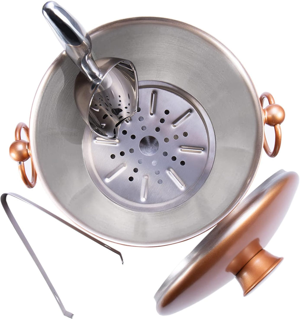 Ice Bucket with Lid, Scoop, Tongs and Strainer - Well Made Insulated Stainless Steel Keep Ice