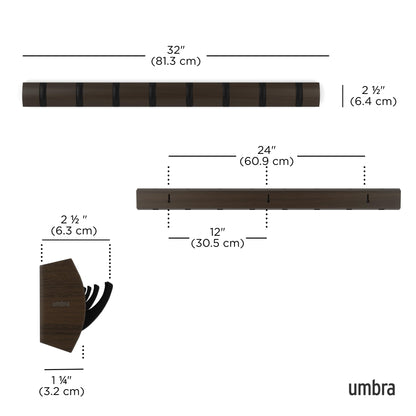 Umbra Flip Coat Rack, Wall Mount 8-Hook, Space Saving, Walnut/Black