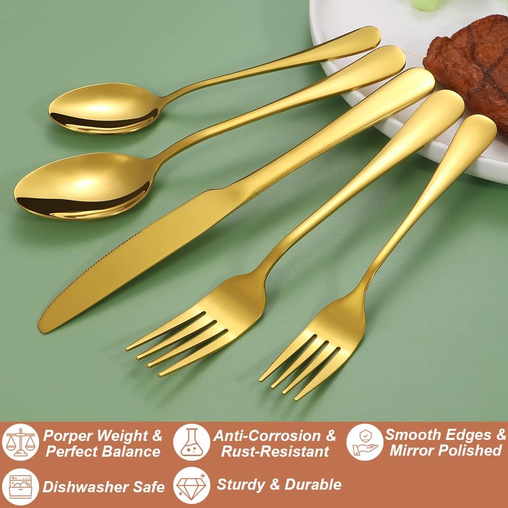 Lazycorner 50 Pcs Gold Silverware Set for 10, Food Grade Stainless Steel Flatware Set Include
