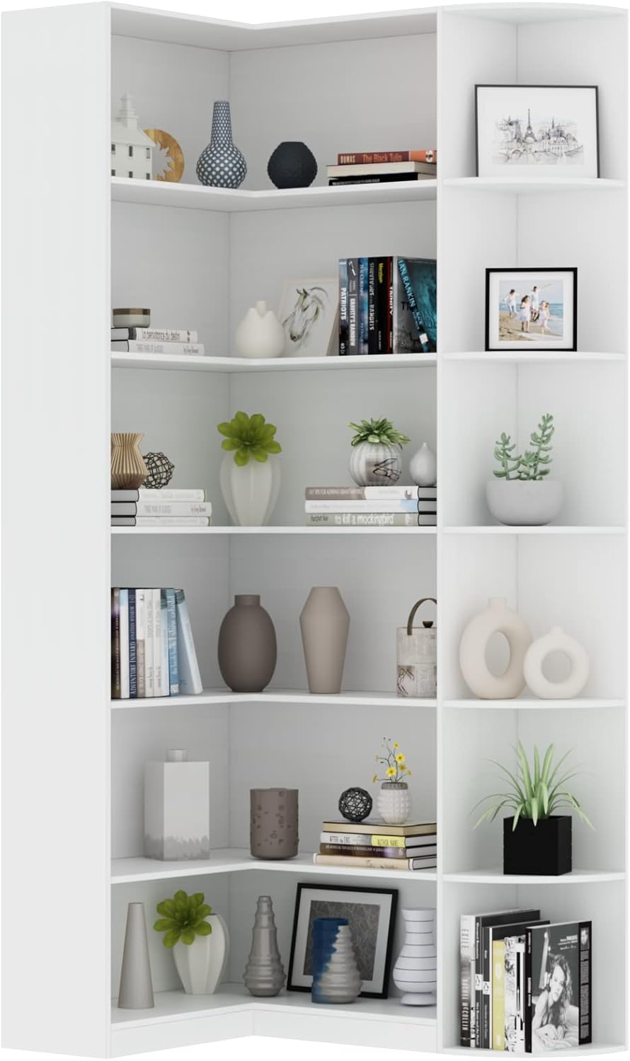 Loomie White Book Shelf, 6 Tiers Shelf Large Tall Corner Etagere Bookcase with Full Baffle