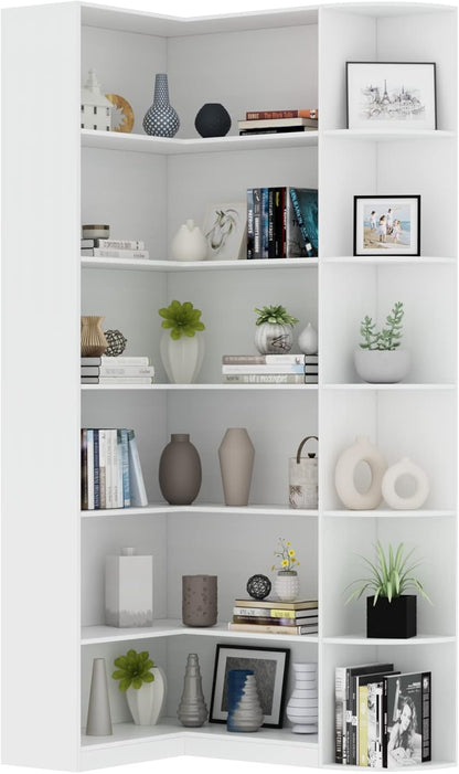 Loomie White Book Shelf, 6 Tiers Shelf Large Tall Corner Etagere Bookcase with Full Baffle