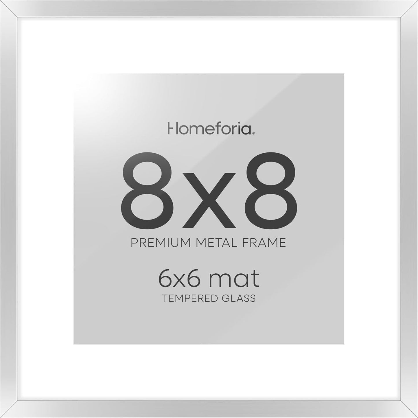 Homeforia 8x8 Silver Picture Frame, High End Metal 8 x 8 Square Frames with Mat 6 by 6 Photo, 8x8