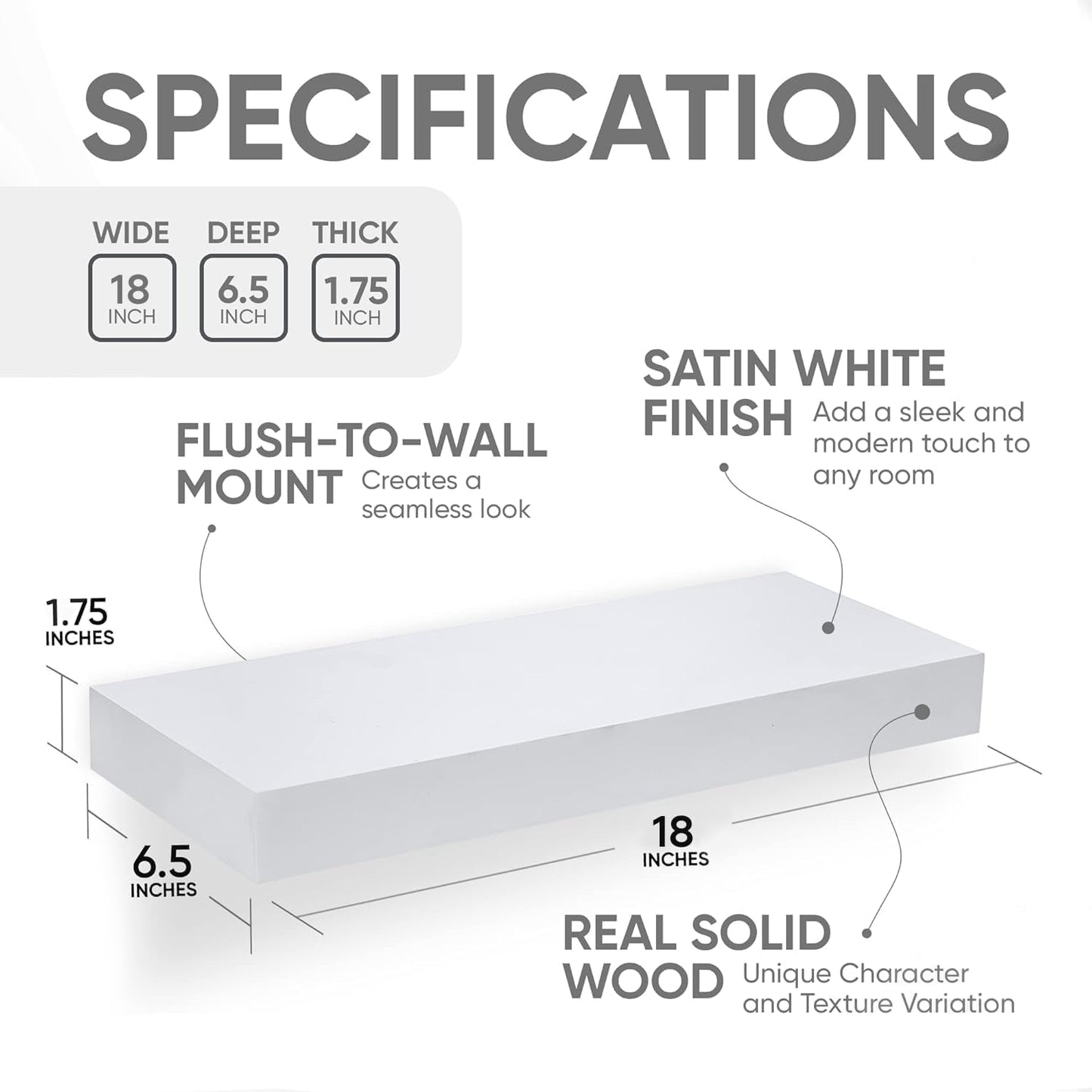 Homeforia White Floating Shelf 18 inch, High End Solid Real Wood 18inch Bathroom Floating Shelves