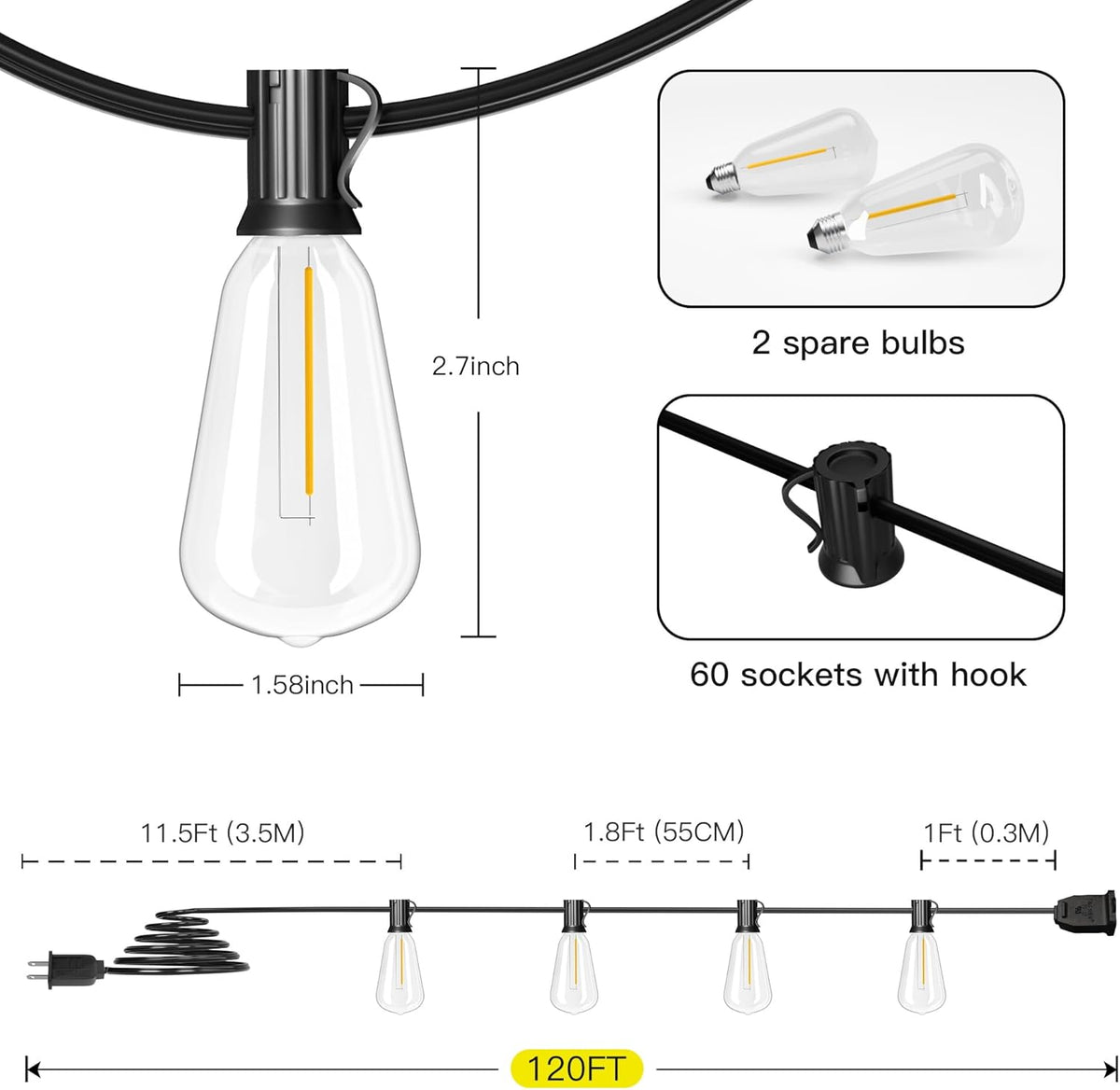 OHLUX 120FT Outdoor String Lights, 62 ST38 Edison LED Bulbs, E12 Base, 2200K Cafe Warm Color