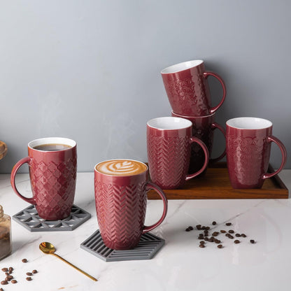 AmorArc Extra Large Coffee Mugs Set of 6, 20oz Ceramic Tall Coffee Mugs with Textured Geometric