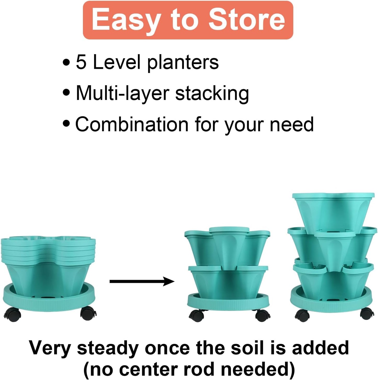 DUNCHATY Stackable Planter, Vertical Garden Planter with Wheels and Tools, Self Watering Strawberry
