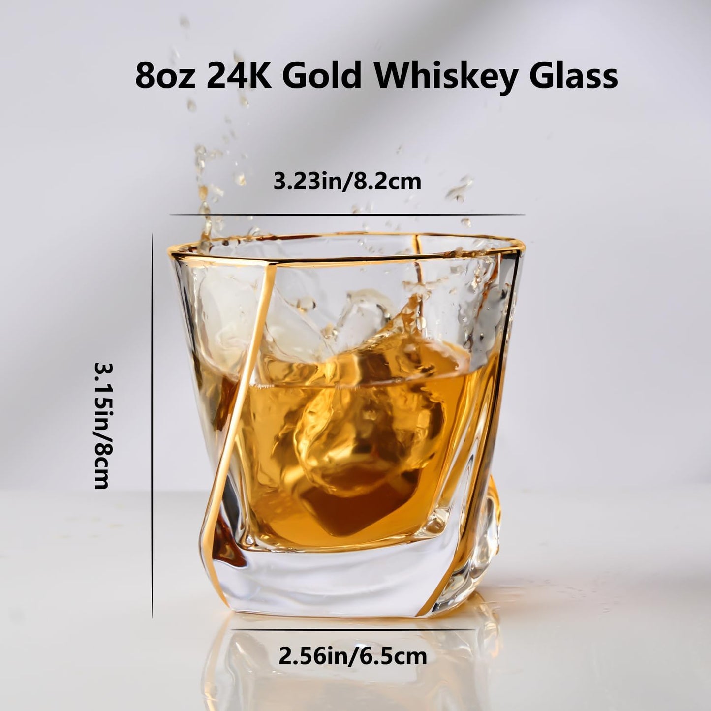 Crystal Whiskey Glasses Set of 2 with 24K Gold Rim,Bar Glasses,Twisted Whiskey Glass Gold