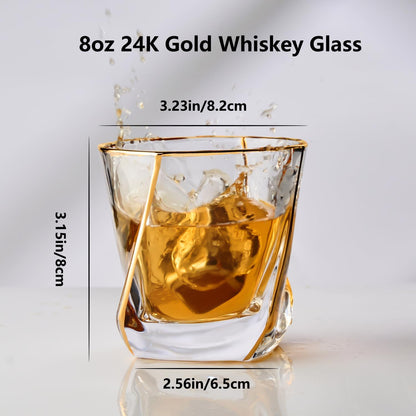 Crystal Whiskey Glasses Set of 2 with 24K Gold Rim,Bar Glasses,Twisted Whiskey Glass Gold