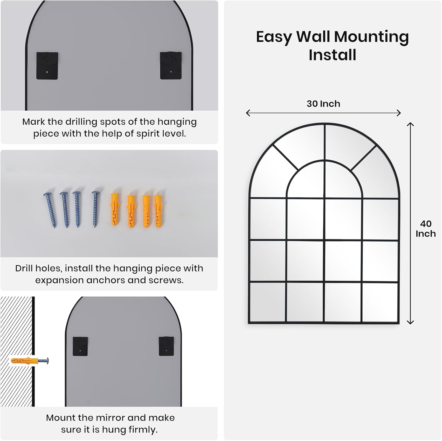 Arched Windowpane Wall Mirror 30"x40" Black Wall Mounted Art Pane Mirror Farmhouse Decorative