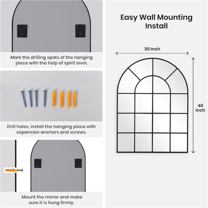 Arched Windowpane Wall Mirror 30"x40" Black Wall Mounted Art Pane Mirror Farmhouse Decorative