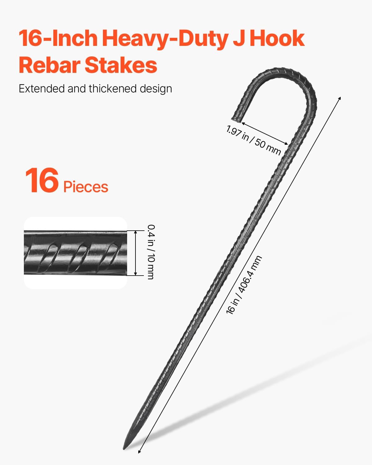 VEVOR Rebar Stakes, 16-Inch, Heavy-Duty 0.4 in Diameter J Hook, Galvanized Steel Ground Anchors
