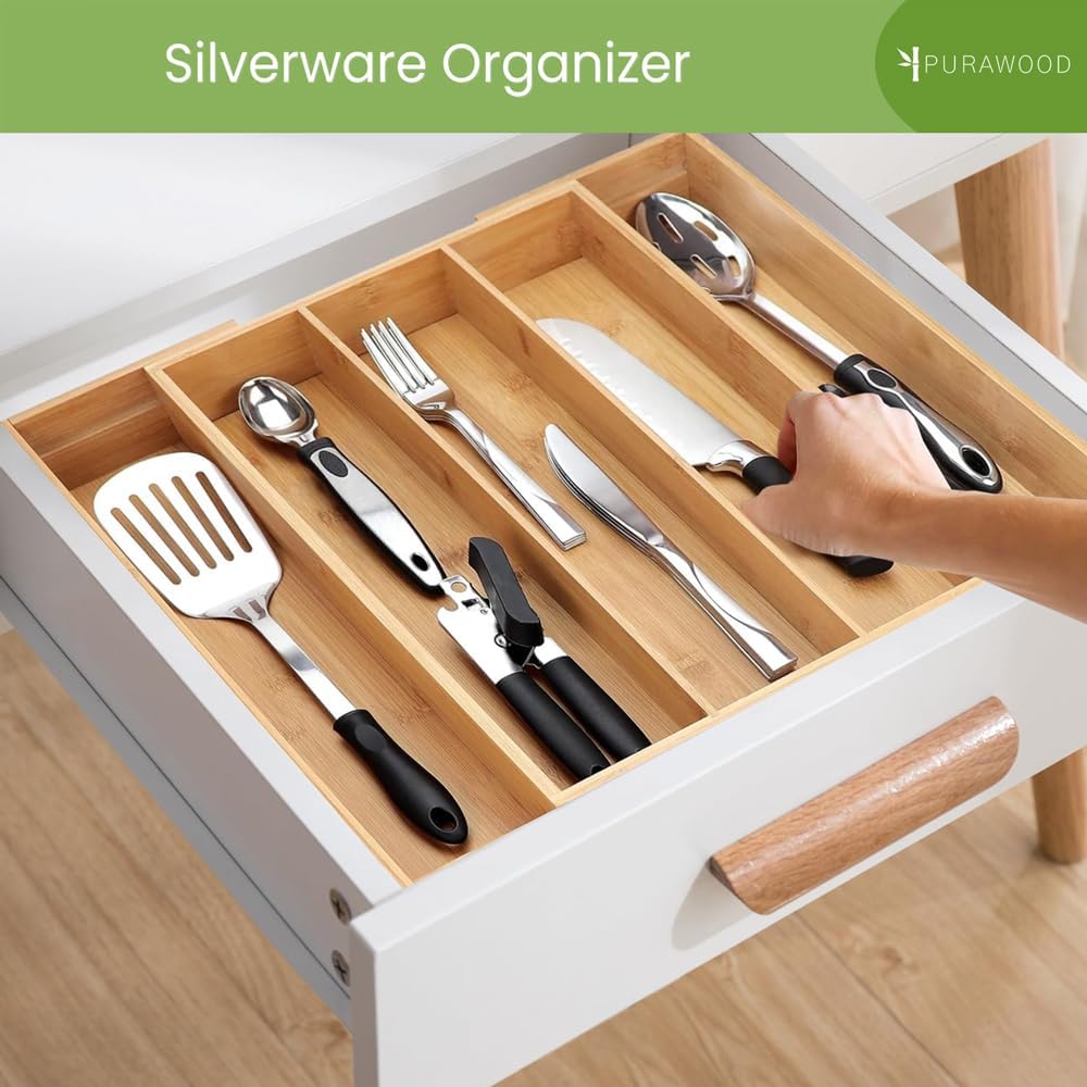 Bamboo Drawer Organizer, 2 Pack - Expandable Silverware Organizer & Utensil Drawer Organizer