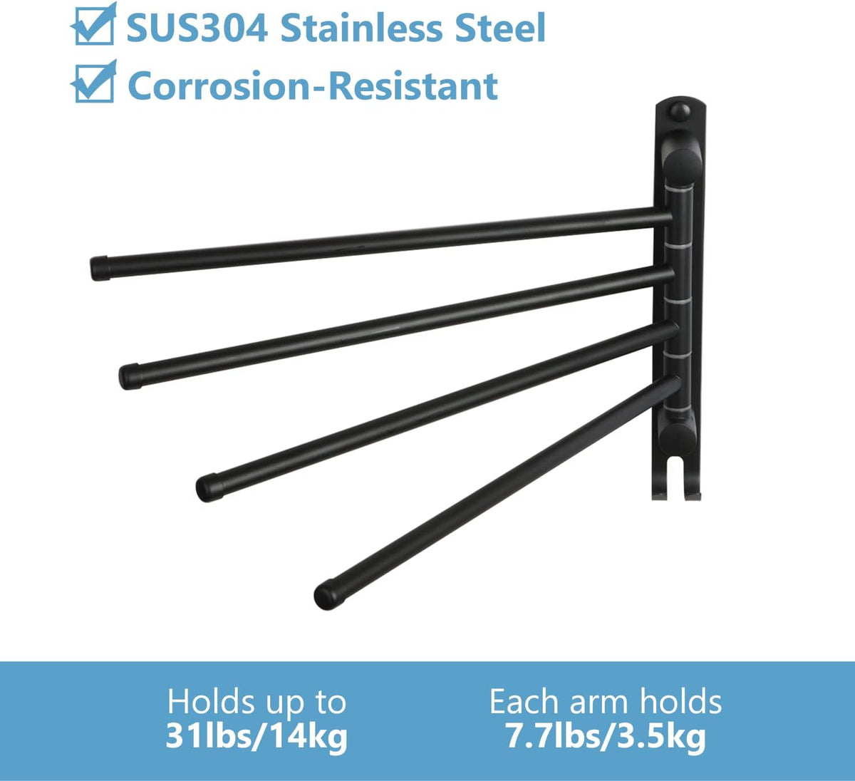 Black Towel Rack JSVER Swivel Towel Rack Wall Mounted, SUS304 Stainless Steel Towel Bar, 4 Arms
