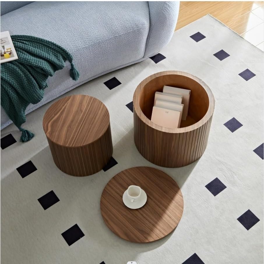 Nesting Coffee Table Set of 2,Modern Round Wooden Coffee Tables with Storage,Luxury Side Table