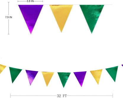 Mardi Gras Party Decorations Purple Green and Gold Metallic Fabric Triangle Pennant Banner Flag