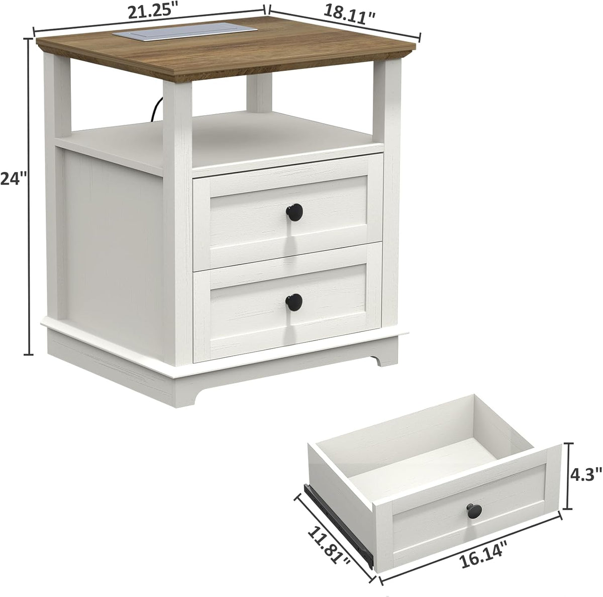 HIFYOBRO End Table with Flip Top Charging Station and 2 Drawers, Type-C & USB Port & Power outlets