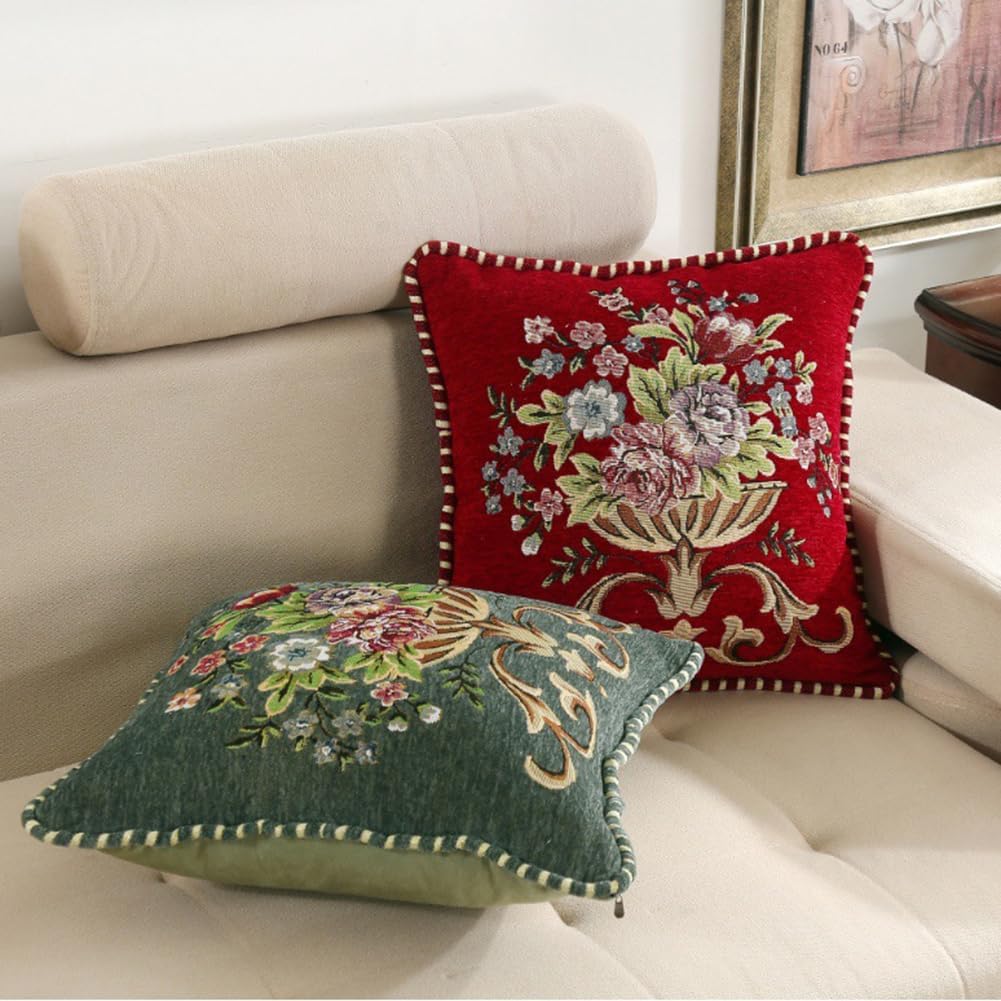 Set of 2 Spring Chenille Vintage Green Throw Pillows Covers 18x18in Sofa Couch Pillows for Living