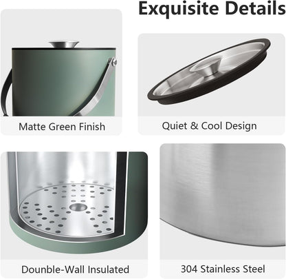 3L Ice Bucket with Silicone Lid, Scoop, Tongs & Strainer, Stainless Steel Double Wall Insulated Ice