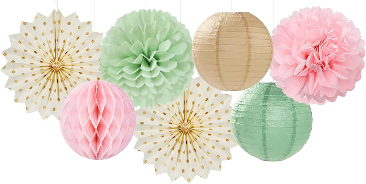Sage-Green Pink-Champagne Party-Decorations Streamers Lanterns - 14pcs Neutral Baby Shower Paper