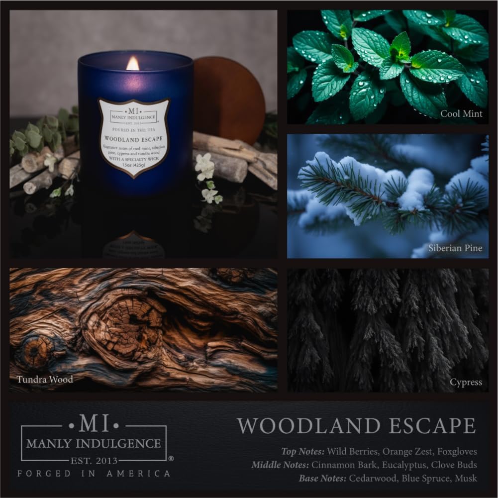 Manly Indulgence Woodland Escape Scented Candles for Men, 15 oz Wooden Wick, Premium Soy Blend Wax